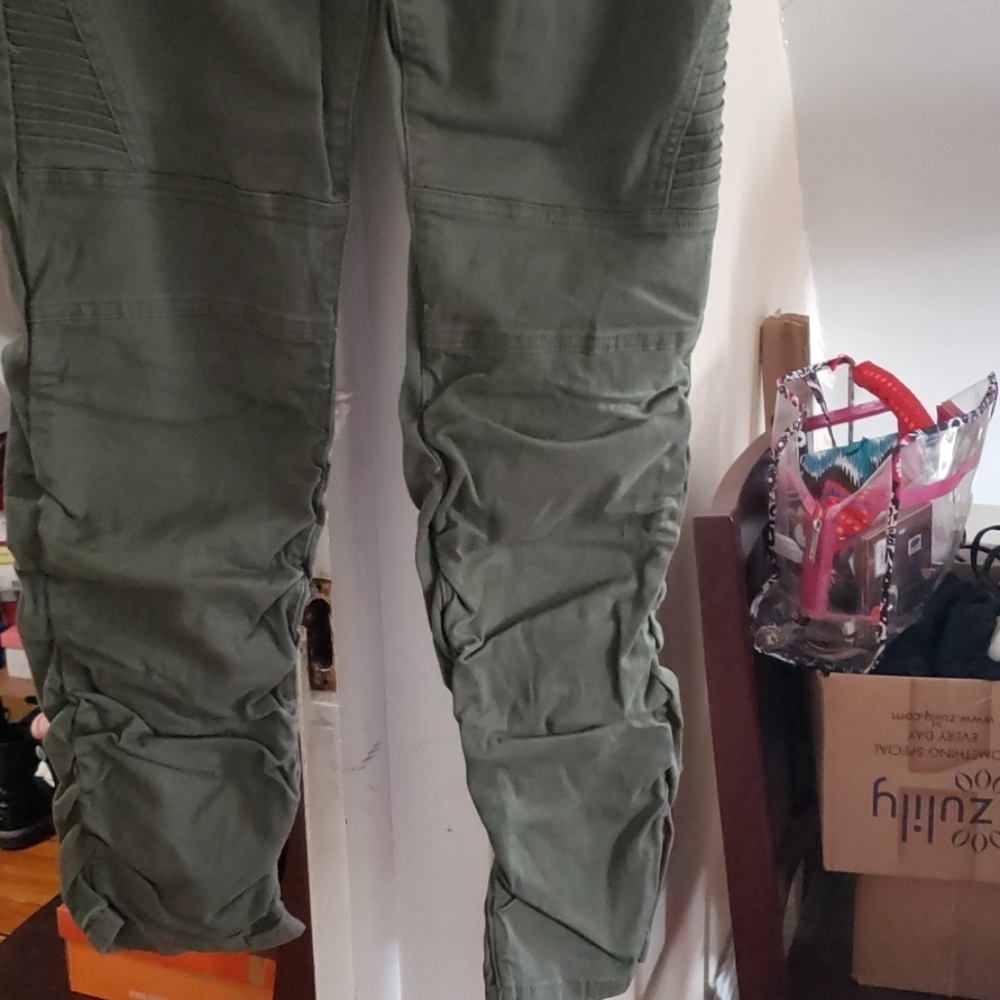Army green ruched bottom pants